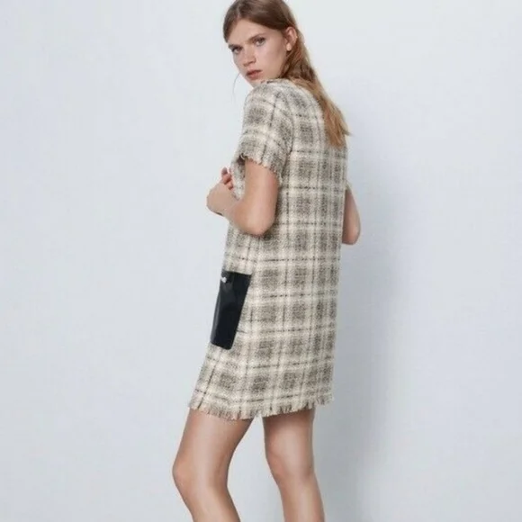 ZARA Tweed Plaid Mini Dress with Faux Leather Pockets | NWT XS - Picture 3 of 13
